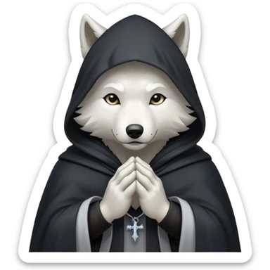 white wolf praying with black hooded cloak sticker