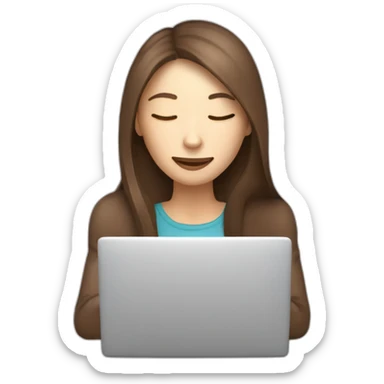 smiling woman with middle brown straight long hair and pale skin eyes closed behind a laptop sipping coffee from a mug sticker