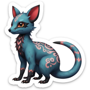 Rare warm-colored exotic cute epic aesthetic gothic colorful Salandit-Eevee-Civet-species-Fakemon-hybrid-creature, with intricate tattoo markings, full body sticker