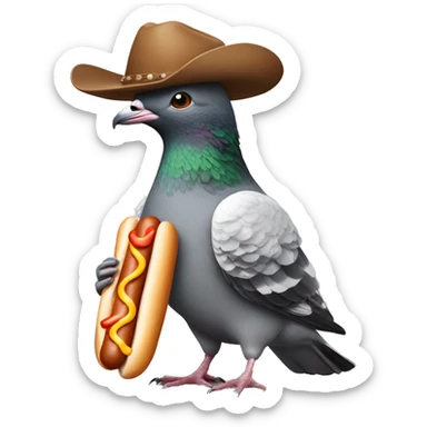 a pigeon with human arms eating a hot dog  and wearing a cowboy hat  sticker