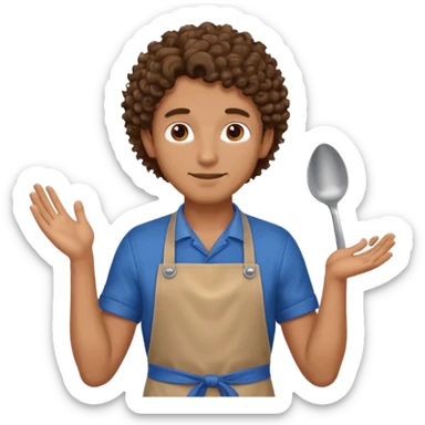 man with curly hair in blue apron sticker