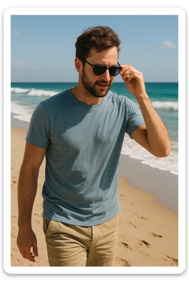 uomo passeggia a mare e si mette gli occhiali da sole sticker