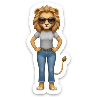 friendly anthropomorphised female lion character, full body, standing confidently with legs apart and hands on hips, wearing jeans, a t-shirt, and dark sunglasses, with a confident smile sticker