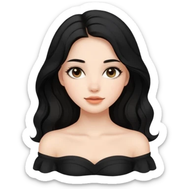 A realistic 3D avatar of a young woman with a soft oval face, slim cheeks, natural almond eyes, long wavy black hair, minimal makeup, wearing a black off-shoulder top, elegant and aesthetic, not cartoonish. sticker