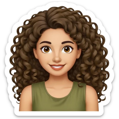 Mujer latina piel canela, mediana, cara redonda en forma de pera, cejas definidas, pelo muy largo rizado, peinado hacia atrás con bucles sueltos al frente. Sonrisa amplia, expresión alegre. Blusa verde olivo sin mangas sticker