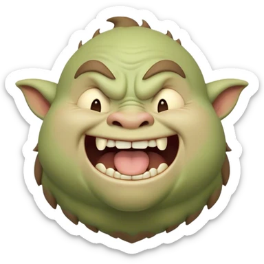 Cinematic Cute Yawning Ogre Portrait Emoji, with a surprisingly cuddly, rotund figure in soft earthy greens and browns, head tilted back in a big, gentle yawn exposing a set of comically oversized teeth, simplified yet irresistibly adorable, highly detailed with a soft glowing outline that captures the sleepy charm of a friendly ogre after a long day of gentle mischief! sticker