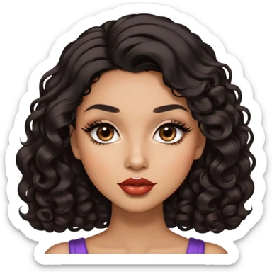 Glamourous, light brown skin tone, very beautiful woman, with big plump lips, long long lashes, black curly smooth short hair, straight parting hair, brown eyes sticker