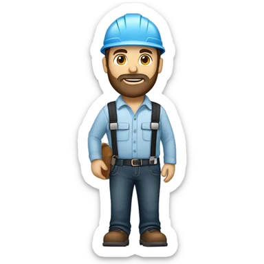 Mid white engineer wearing light blue blouse and black jeans and brown safety shoes and  white helmet and he has a slight black beard  sticker