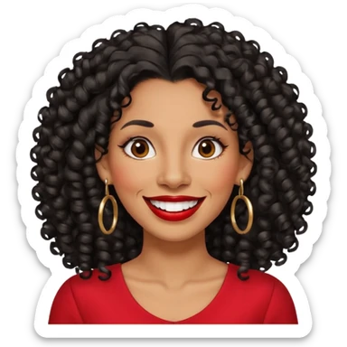 40 yr old peruvian woman, very curly long black hair, red lipstick, big smile, white teeth, brown eyes, hoop earings, side part to hair, round face sticker
