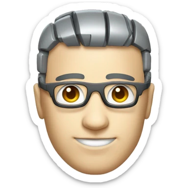 Cyborg head with fair skin, flat top haircut, rectangular glasses, circuits and smiling  sticker