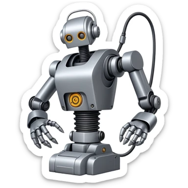 Industrial robot with exposed wiring and heavy metal plating sticker