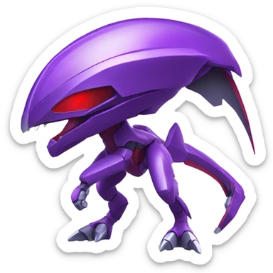a shiny purple-red Genesect-Raptor-Fakémon—hybrid with a futuristic visor-helmet full body sticker
