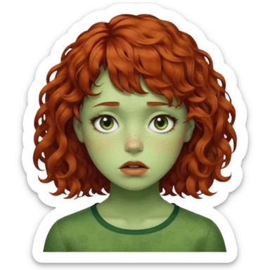 quero que você cria uma mulher, o rosto dela. nela, ela tem cabelo curto e ondulado, tem franja e ela tem semblante triste, deixe ela com pele verde. cabelo cacheado(avermelhado). ( ela tem aparência terroristica) olhos anormais assim como a boca) deixe ela com sardas sticker