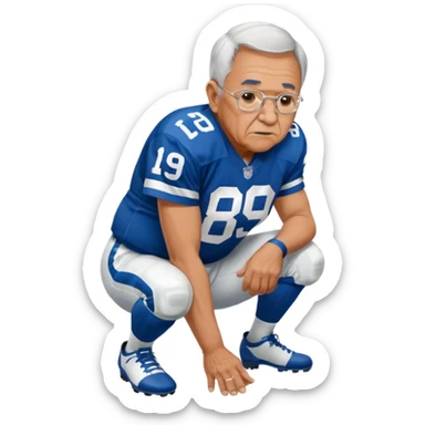 A grandpa playing football wearing an Indianapolis Colts jersey is. Show him kind of crouch down to the ground, holding the football and the name rivers on the back of his jersey. sticker