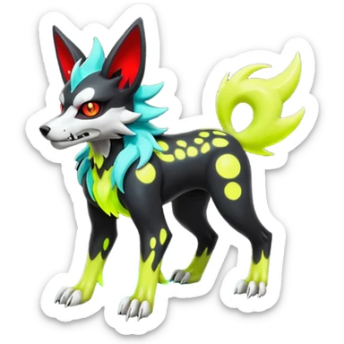 Hyper realistic demonic skeletal black and neon green and neon yellow futuristic shiny colorful bioluminescent cyber-Poochyena-Lycanroc-Zorua-Litten-Houndoom-Fakémon-Pokémon-Digimon-hybrid-fusion (full body) with a skull face sticker
