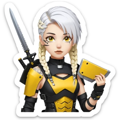  a closeup portrait of young woman with gold yellow eyes, white hair, long braid, black off-shoulder top d-cup, punk gothic style, futuristic cyberwave cyberpunk,  she has a plate carrier armor vest , and a old-style steel bulletproof combat helmet.  holding up a DAYZ combat knife sticker