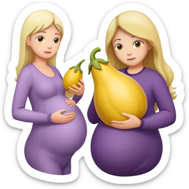 yellow eggplant attached to a pregnant person, with a bowing person turned to the side sticker