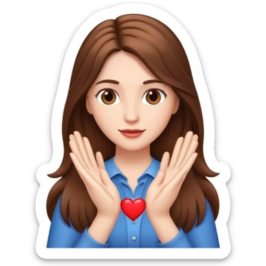 White woman with long brown hair and heart hands sticker