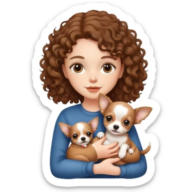 white girl with curly brown hair holding a chihuahua puppy sticker