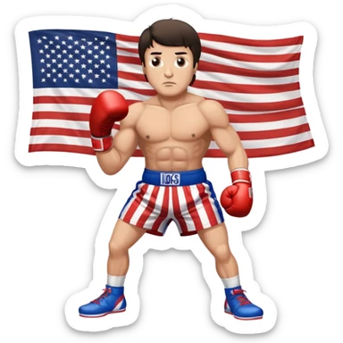 Rocky Balboa boxer in fighting stance with boxing gloves and American flag shorts sticker