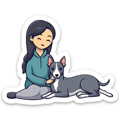 Very thin Chinese woman with long black hair relaxing in a luxurious hotel suite with exactly ONE whippet dog. EXTREME IMPORTANCE: the whippet must be ONE SOLID VERY DARK CHARCOAL GREY COLOR from nose to tail with ABSOLUTELY NO WHITE MARKINGS anywhere - NO white on face, NO white on muzzle, NO white on chest, NO white on paws, NO white on tail - NOTHING BUT A SINGLE SHADE OF VERY DARK GREY throughout the entire animal sticker