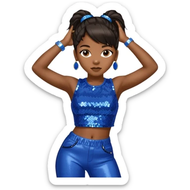 Left Eye from TLC with long dark brown ponytail hair, blue sequin crop top and pants sticker