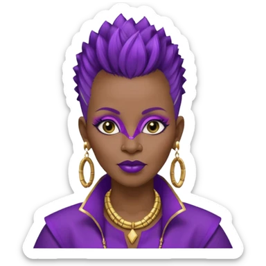 57yr old Qeen black woman with a natural hair mohawk style haircut adorning purple royalty clothing and purle lipstick and eyeshadow purple,  with a nose studs on each side. Wearing gold square  bamboo earrings  sticker