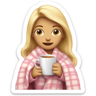 A blonde girl covered in a plaid light pink blanket sipping hot tea sticker