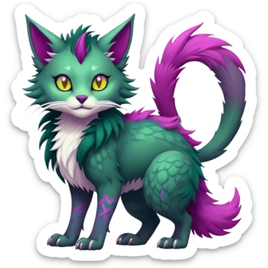 Kawaii dark edgy gloomy dark green ethereal feline-vernid-sergal-fursona animal creature with a tufted tail full body with intricate markings with magenta eyes, yellow Scapha  sticker