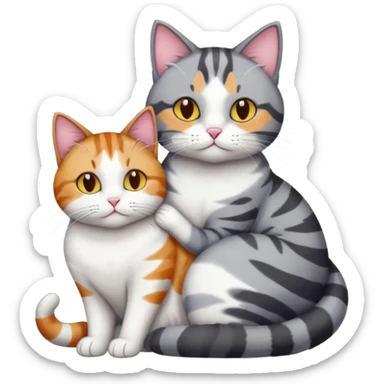 full body colourful light patched calico + white tabby cat cuddling a bigger cat that is dark grey and white tabby cat  and they are in love sticker