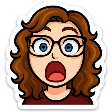 Create a Twitch emote of the person in the reference photo with glasses and curly hair in a bold and expressive style. The emote should show the person with a surprised expression. Use a transparent background. sticker