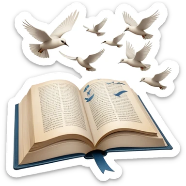 Icon for Poetry Reading: an open book with verses on the pages, from which fly pages transforming into a large flock of small white birds soaring into the blue sky. The icon should evoke the freedom and beauty of poetry. Transparent background. sticker
