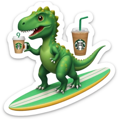 A dinosaur on a surfboard holding Starbucks sticker
