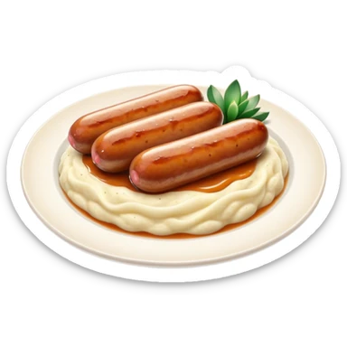 Cinematic Realistic Bangers and Mash Dish Emoji, featuring succulent pork sausages paired with creamy mashed potatoes rendered with detailed textures and natural highlights that emphasize its robust, hearty flavor. sticker