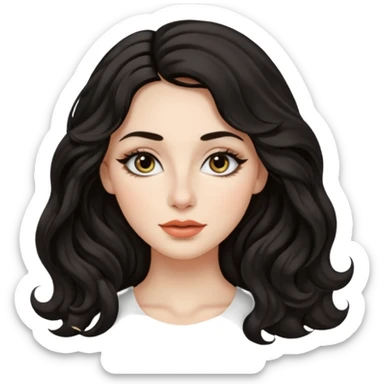 persona mujer con piel clara y ondas color negro y largos  y sin volumen y con delineador en los ojos y con los labios medianos, ojos almendrados y nariz respringada y el fondo blanco  sticker