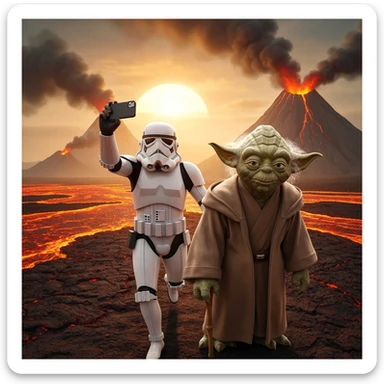 Camera POV, Starwars stormtroopers vlogging selfie, he is walking on lava planet with yoda sticker