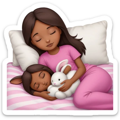 create a brown skin girl with long straight dark brown hair wearing a pink t shirt sleeping on a white blanket with her stuffed rabbit plushie next to her  sticker