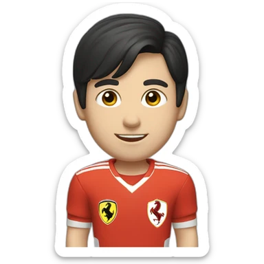 A young smiling white boy with a long face in red Ferrari jersey with very short black hair and light green eyes and dig cheeks sticker