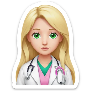 Long blonde hair doctor in pink undershirt white coat over pink stethoscope and green eye sticker