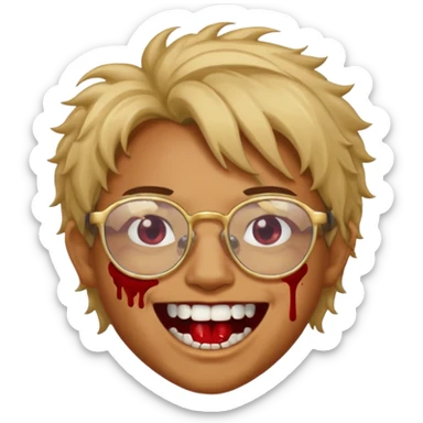 Cabelo bagunçado com oculos sorrindo com metade do rosto com dente de ouro e saindo sangue da boca  sticker
