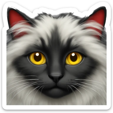 black, red, white fluffy cat with yellow eyes sticker