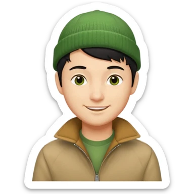 young man with longish pixie cut black hair, tan complexion, green beenie hat, tan jacket, pork chop sideburns sticker