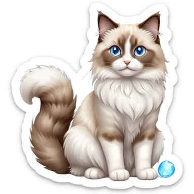 cinematic-[brown and white ragdoll cat]-realistic-full-body-sitting-emoji,-tail-curled-playfully-around-its-paws,-head-tilted-dramatically,-fluffy-[brown and white]-fur,-simplified-yet-realistic-focused-features,-highly-detailed,-glowing-with-an-almost-sarcastic-glow, with blue eyes sticker
