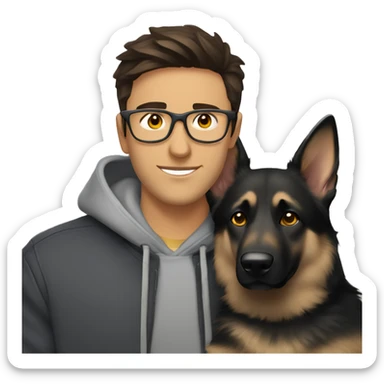 a handsome guy (dark brown hair, grey colour eyes, thin stylish black glasses, hoodie) hugging a dog (grey colour german shepherd, yellow/brown eyes) sticker