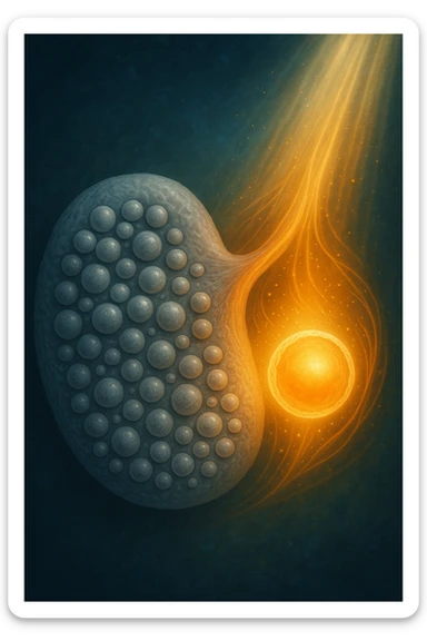 Scientific visualization of a polycystic ovary transforming. The ovary, initially filled with many small, dormant follicles like a cluster of grey pearls, begins to be nurtured. A focused, gentle light and nutrient-rich energy encourage one dominant follicle to mature and glow with a healthy, golden light, symbolizing successful preparation. sticker