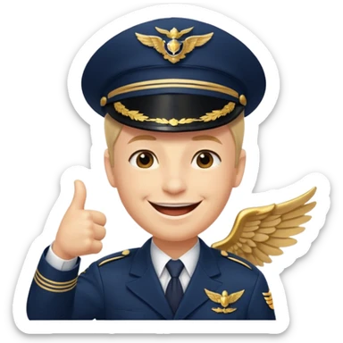 Slack-style emoji of a pilot wearing a slightly tilted navy captain hat with gold wings, giving a thumbs-up, big cheerful smile, eyes closed or happy squint sticker