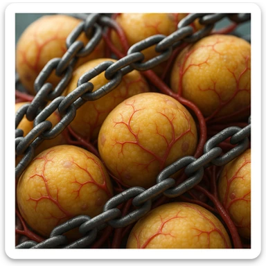 hyper realistic 4K adipocytes with visible capillaries, blocked by chains, anatomical details, clinical atmosphere sticker