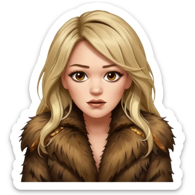 Cinematic realistic ultra HD angry, glamorous extremely made up Hilary Duff extremely long long hair in shaggy fur coat with bronze flash sticker