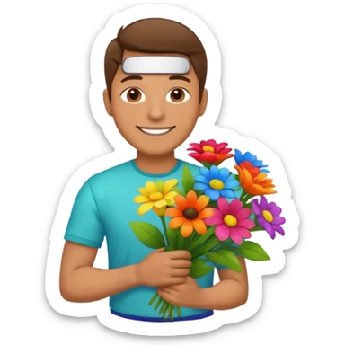 Man with bright shirt carrying a bunch of flowers sticker