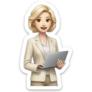 pale skin woman with ash blonde Straightened bob Hair, White Spacious classical jacket, beige palazzo Arrow pants and gray blouse holding a MacBook in the hands sticker